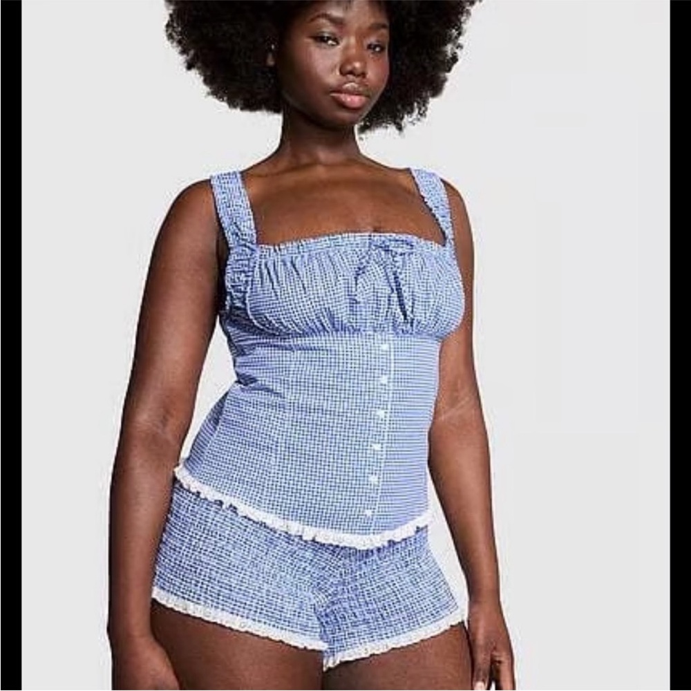 NWT PINK by Frankie's Bikinis Blue Gingham Top & Shorts Set